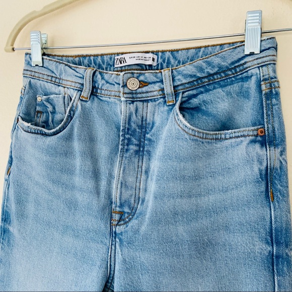 Zara high waisted blue front slits straight leg denim full length jeans - Picture 11 of 15